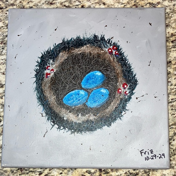 Original Handmade Bird Nest Painting on Canvas 12”x12” Quiet Beauty Nature - Picture 1 of 4